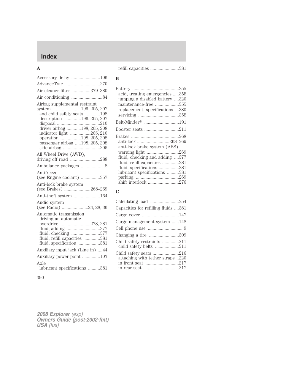 Index | FORD 2008 Explorer v.2 User Manual | Page 390 / 400