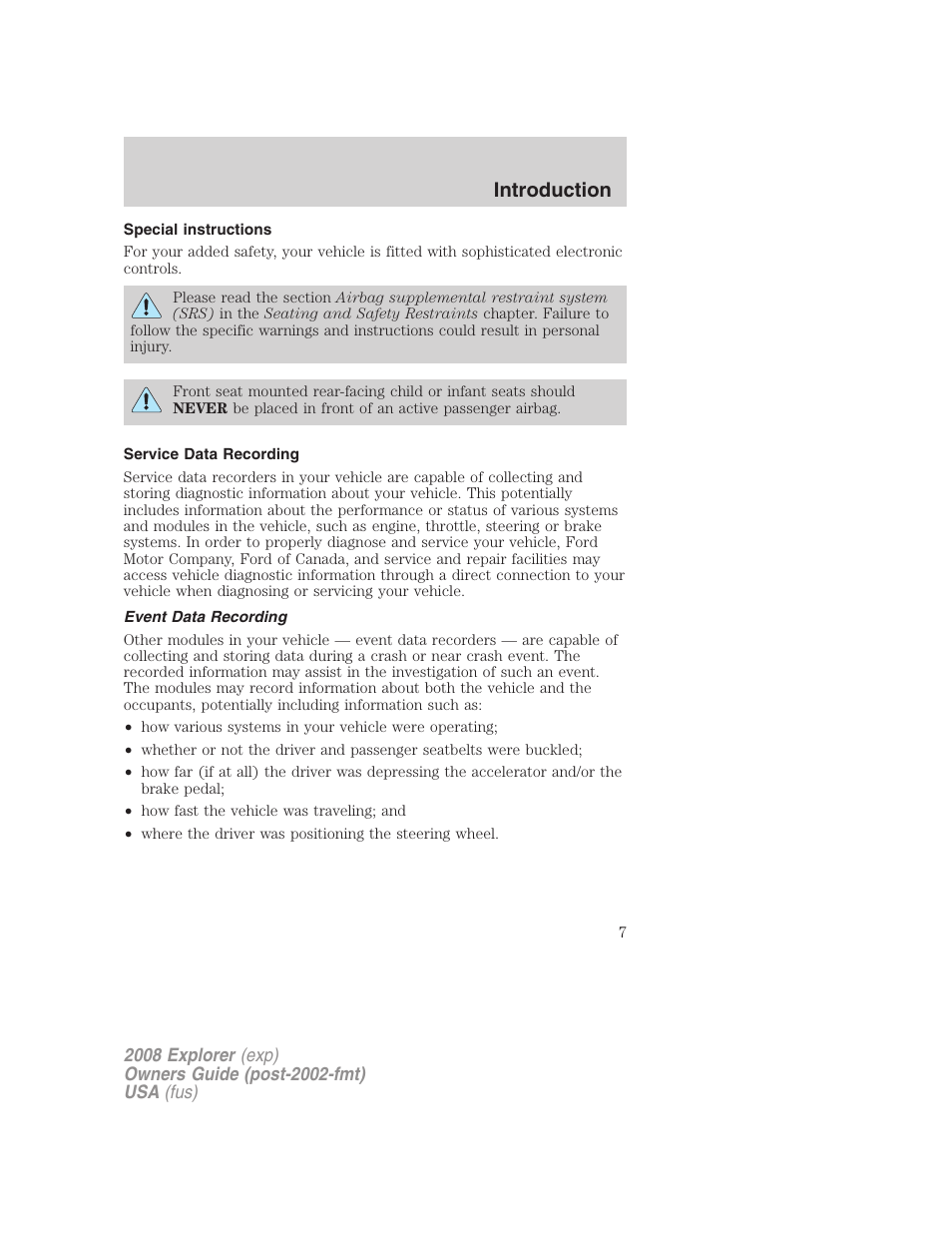 Special instructions, Service data recording, Event data recording | Introduction | FORD 2008 Explorer v.2 User Manual | Page 7 / 400