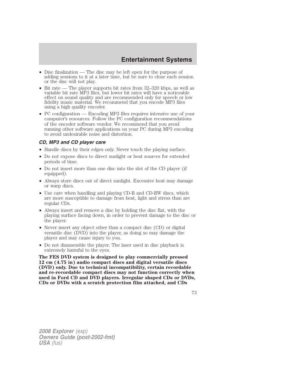 Cd, mp3 and cd player care, Entertainment systems | FORD 2008 Explorer v.2 User Manual | Page 73 / 400