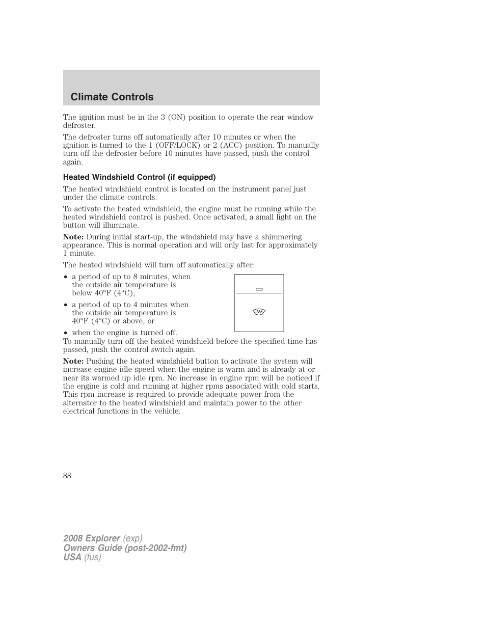 Heated windshield control (if equipped), Climate controls | FORD 2008 Explorer v.2 User Manual | Page 88 / 400