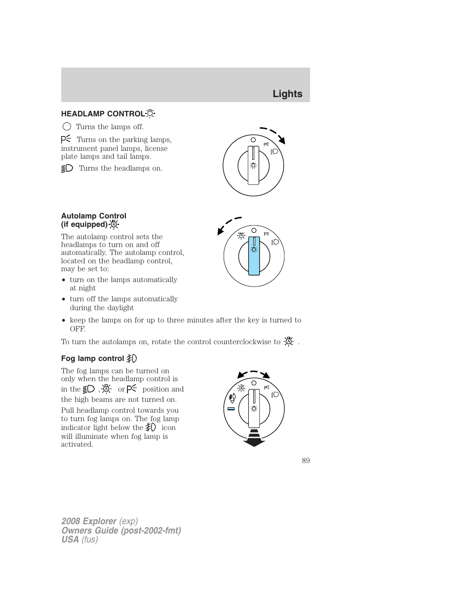 Lights, Headlamp control, Autolamp control (if equipped) | Fog lamp control | FORD 2008 Explorer v.2 User Manual | Page 89 / 400