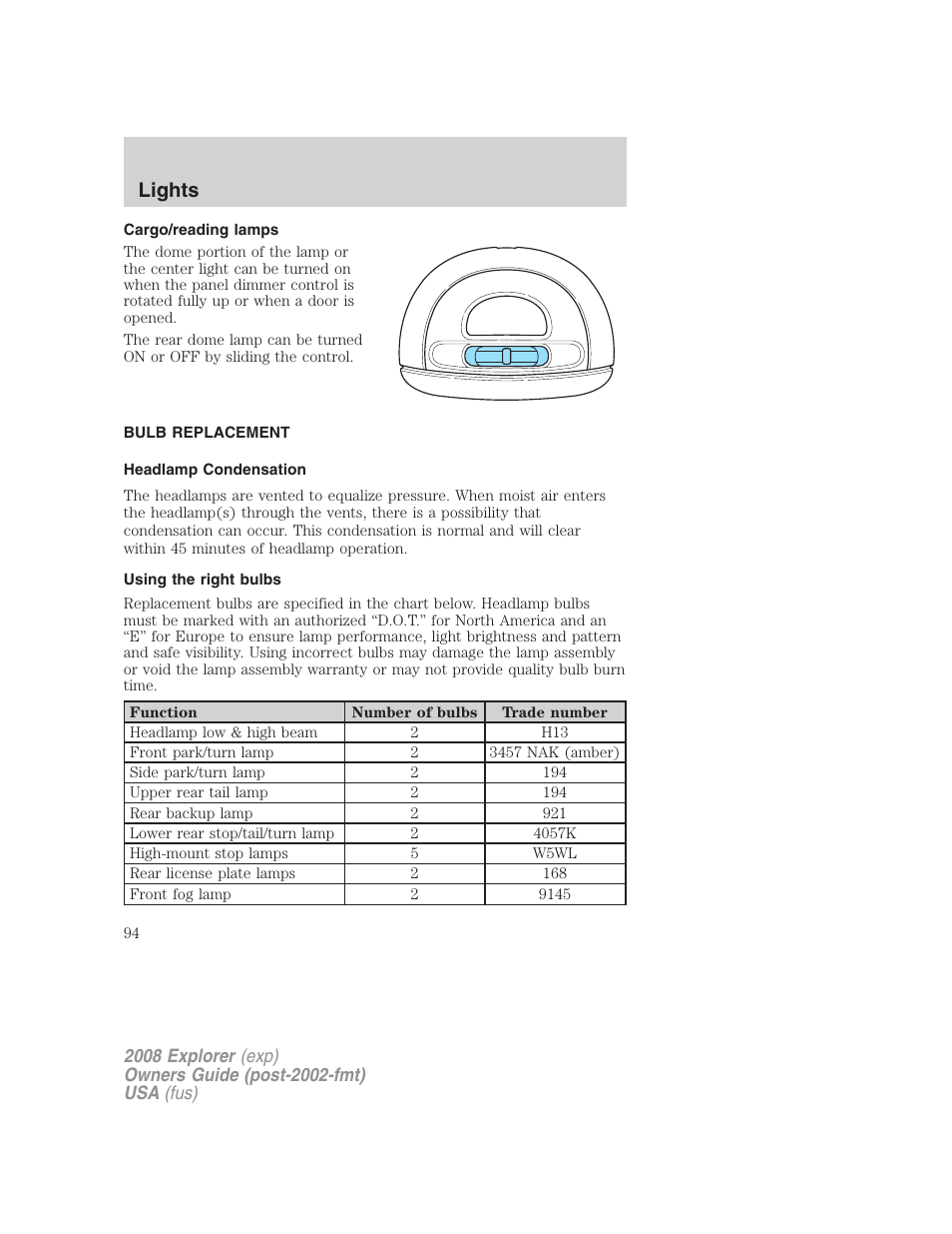 Cargo/reading lamps, Bulb replacement, Headlamp condensation | Using the right bulbs, Lights | FORD 2008 Explorer v.2 User Manual | Page 94 / 400