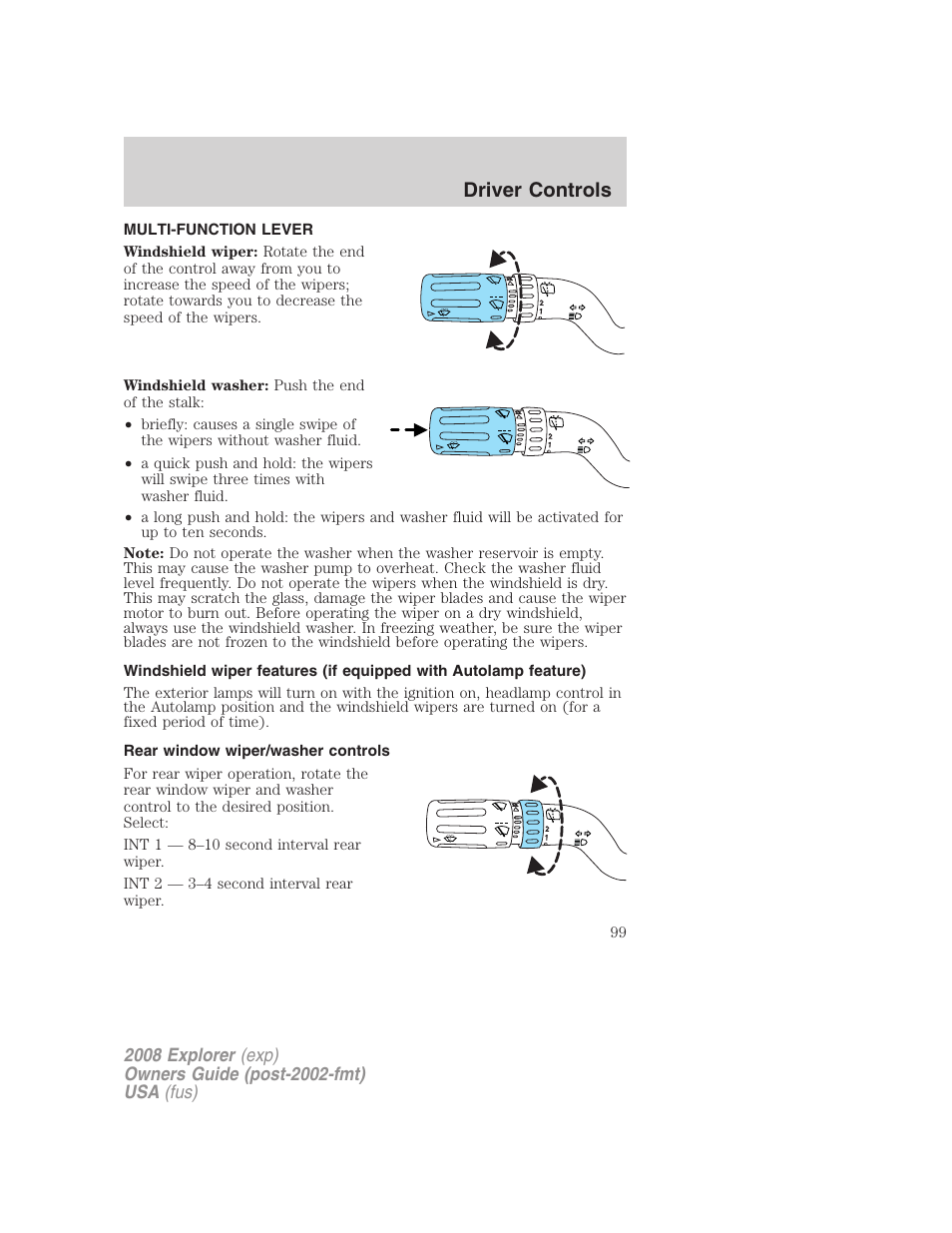Driver controls, Multi-function lever, Rear window wiper/washer controls | Windshield wiper/washer control | FORD 2008 Explorer v.2 User Manual | Page 99 / 400