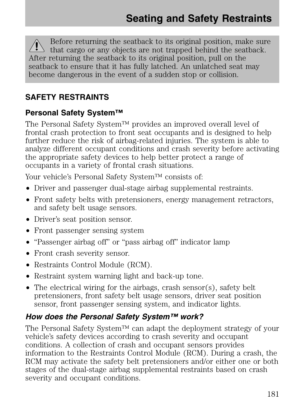 Seating and safety restraints | FORD 2008 Explorer v.3 User Manual | Page 181 / 400