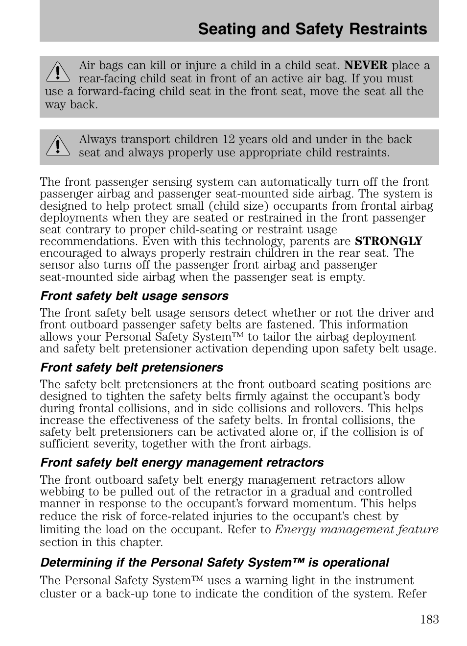Seating and safety restraints | FORD 2008 Explorer v.3 User Manual | Page 183 / 400
