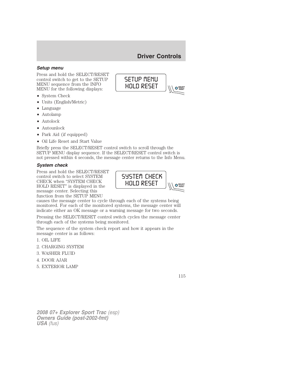 Setup menu, System check, Driver controls | FORD 2008 Explorer Sport Trac v.1 User Manual | Page 115 / 368