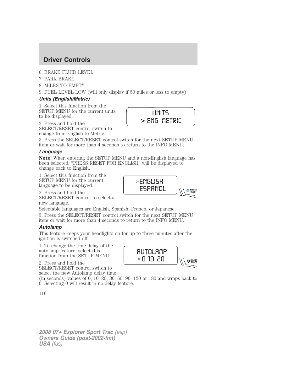 Units (english/metric), Language, Autolamp | Driver controls | FORD 2008 Explorer Sport Trac v.1 User Manual | Page 116 / 368