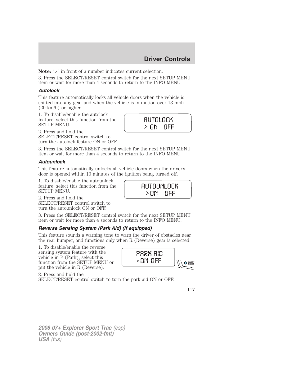 Autolock, Autounlock, Reverse sensing system (park aid) (if equipped) | Driver controls | FORD 2008 Explorer Sport Trac v.1 User Manual | Page 117 / 368