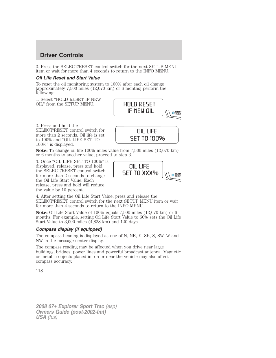 Oil life reset and start value, Compass display (if equipped), Driver controls | FORD 2008 Explorer Sport Trac v.1 User Manual | Page 118 / 368