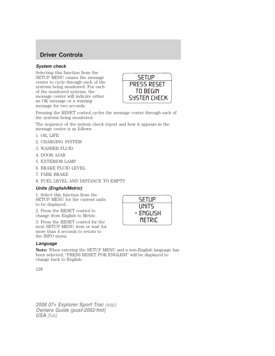 System check, Units (english/metric), Language | Driver controls | FORD 2008 Explorer Sport Trac v.1 User Manual | Page 128 / 368