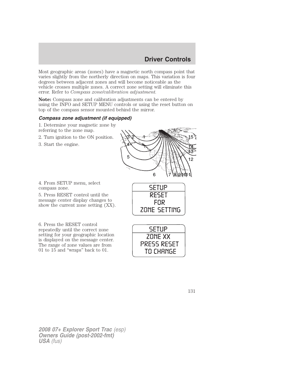 Compass zone adjustment (if equipped), Driver controls | FORD 2008 Explorer Sport Trac v.1 User Manual | Page 131 / 368