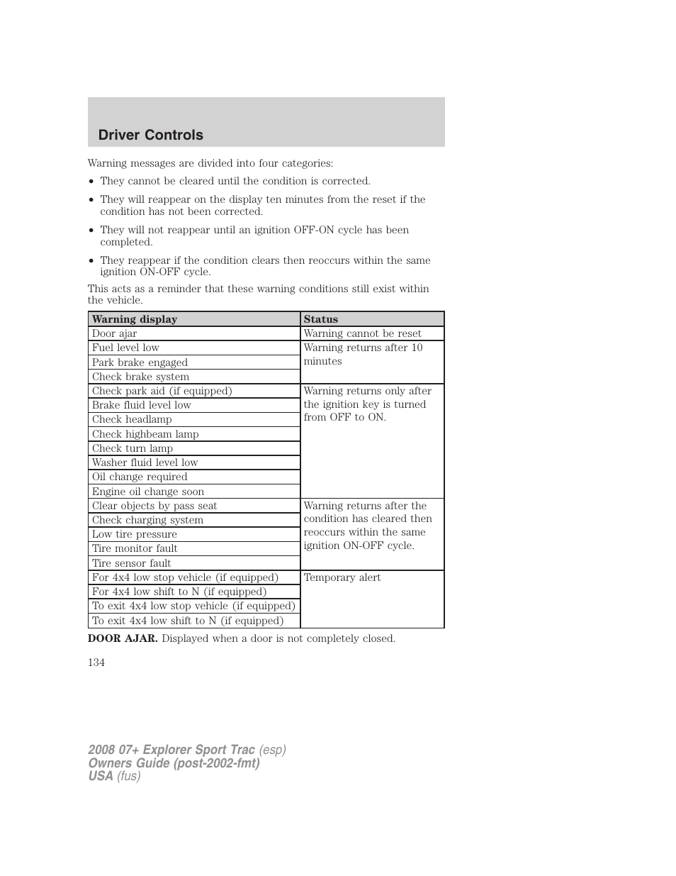 Driver controls | FORD 2008 Explorer Sport Trac v.1 User Manual | Page 134 / 368