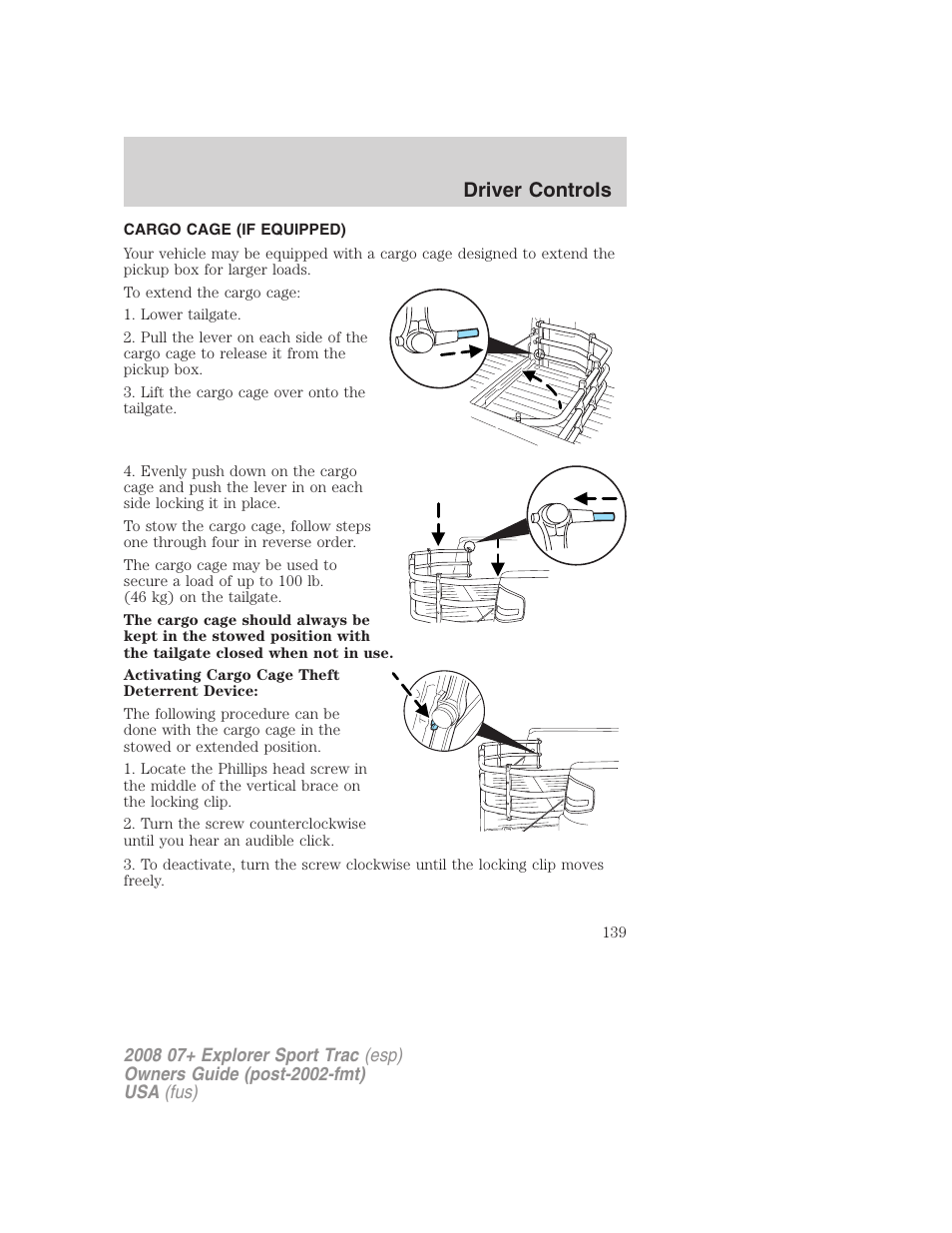 Cargo cage (if equipped), Driver controls | FORD 2008 Explorer Sport Trac v.1 User Manual | Page 139 / 368