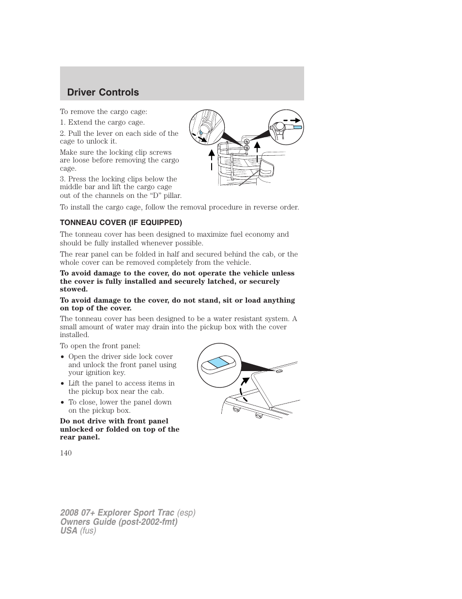 Tonneau cover (if equipped), Driver controls | FORD 2008 Explorer Sport Trac v.1 User Manual | Page 140 / 368