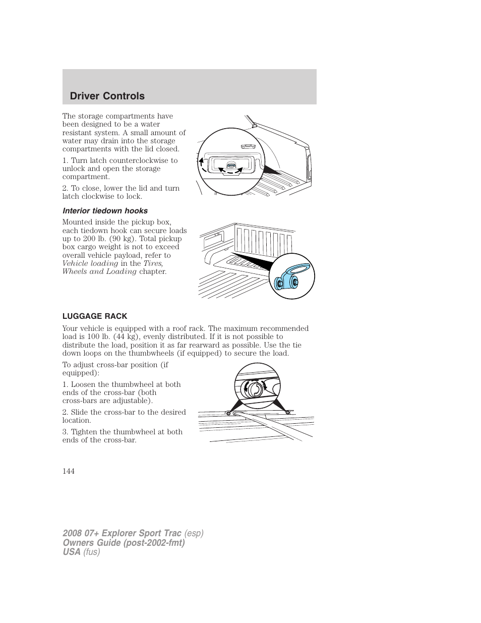 Interior tiedown hooks, Luggage rack, Driver controls | FORD 2008 Explorer Sport Trac v.1 User Manual | Page 144 / 368