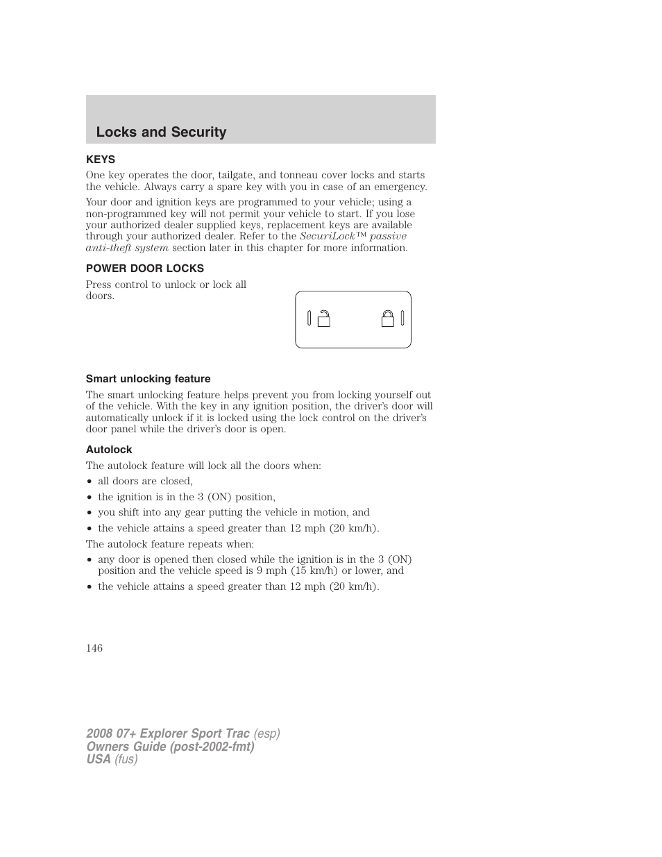Locks and security, Keys, Power door locks | Smart unlocking feature, Autolock, Locks | FORD 2008 Explorer Sport Trac v.1 User Manual | Page 146 / 368