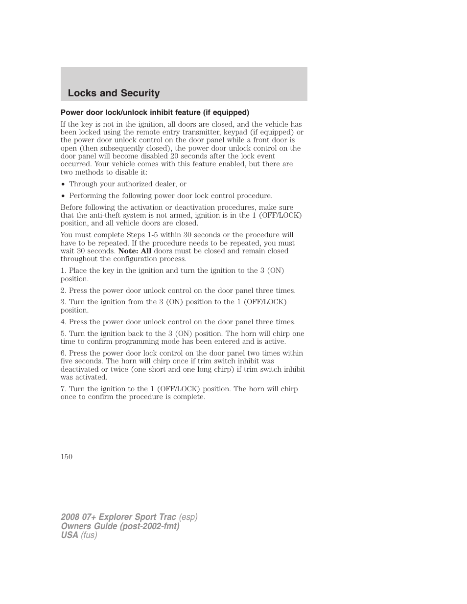 Locks and security | FORD 2008 Explorer Sport Trac v.1 User Manual | Page 150 / 368