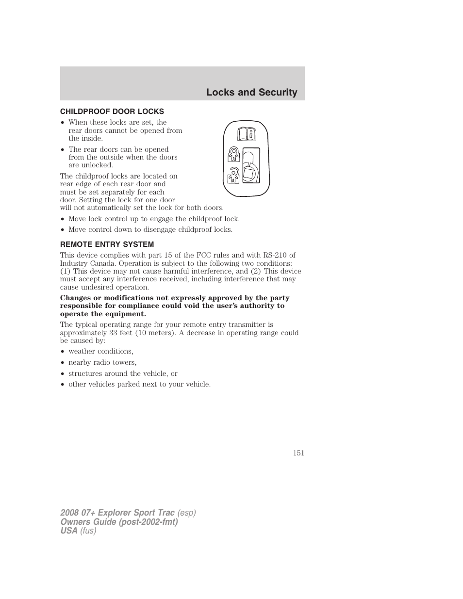 Childproof door locks, Remote entry system, Locks and security | FORD 2008 Explorer Sport Trac v.1 User Manual | Page 151 / 368