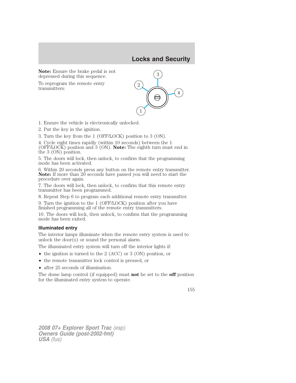 Illuminated entry, Locks and security | FORD 2008 Explorer Sport Trac v.1 User Manual | Page 155 / 368