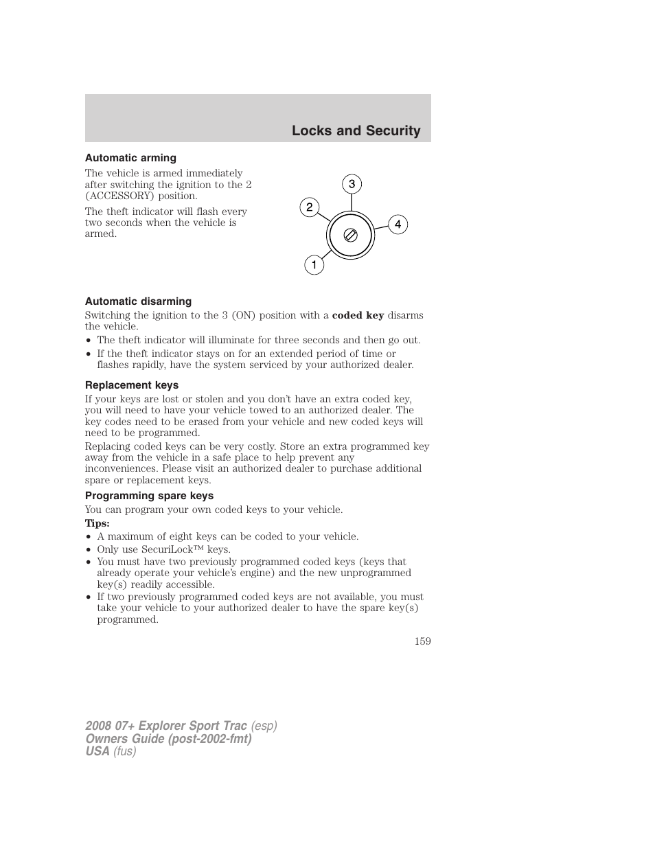 Automatic arming, Automatic disarming, Replacement keys | Programming spare keys, Locks and security | FORD 2008 Explorer Sport Trac v.1 User Manual | Page 159 / 368