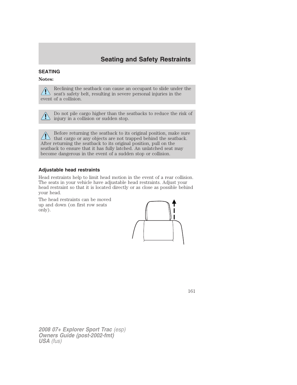 Seating and safety restraints, Seating, Adjustable head restraints | FORD 2008 Explorer Sport Trac v.1 User Manual | Page 161 / 368