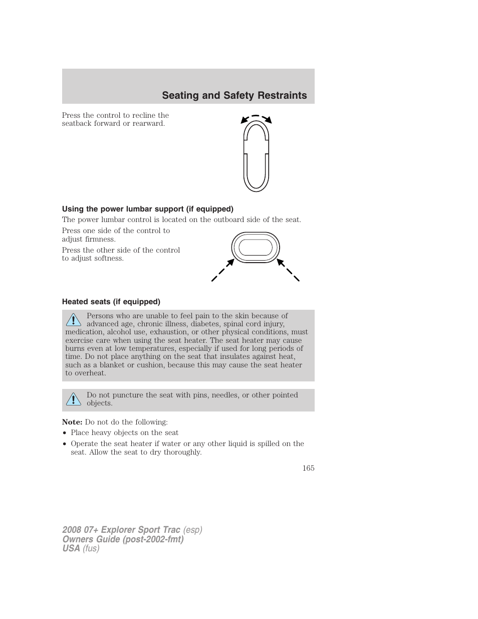 Using the power lumbar support (if equipped), Heated seats (if equipped), Seating and safety restraints | FORD 2008 Explorer Sport Trac v.1 User Manual | Page 165 / 368