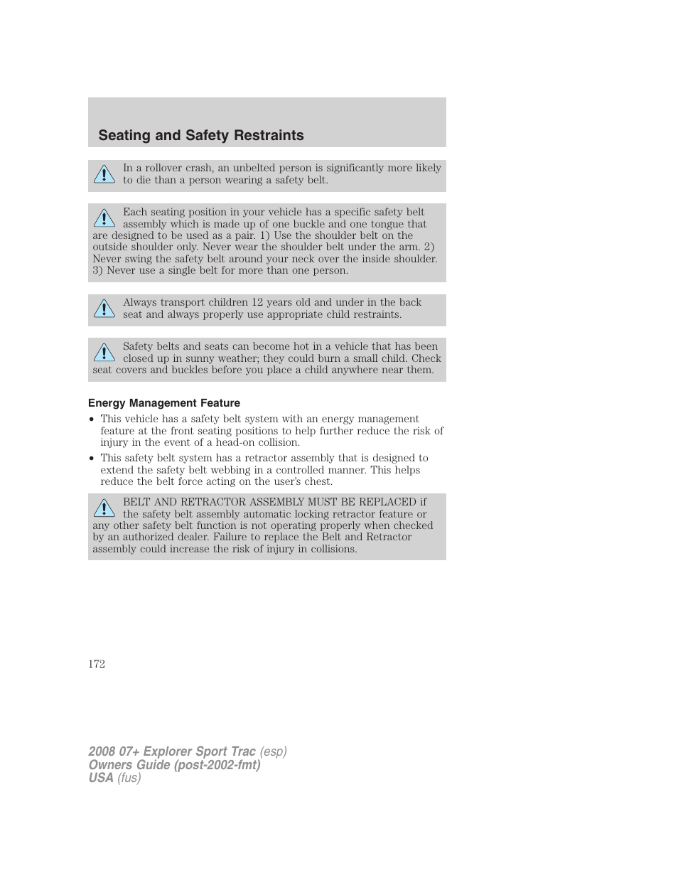 Energy management feature, Seating and safety restraints | FORD 2008 Explorer Sport Trac v.1 User Manual | Page 172 / 368