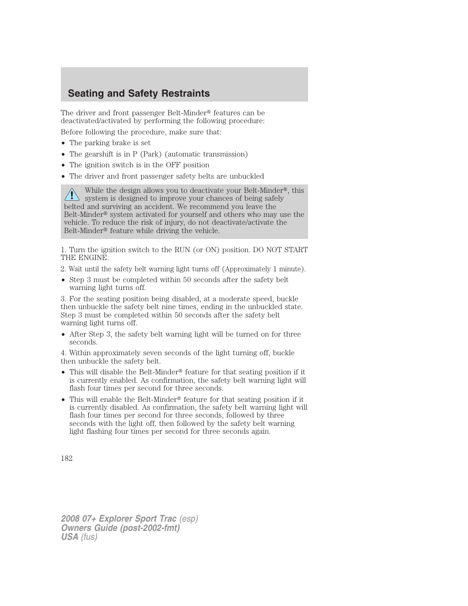 Seating and safety restraints | FORD 2008 Explorer Sport Trac v.1 User Manual | Page 182 / 368