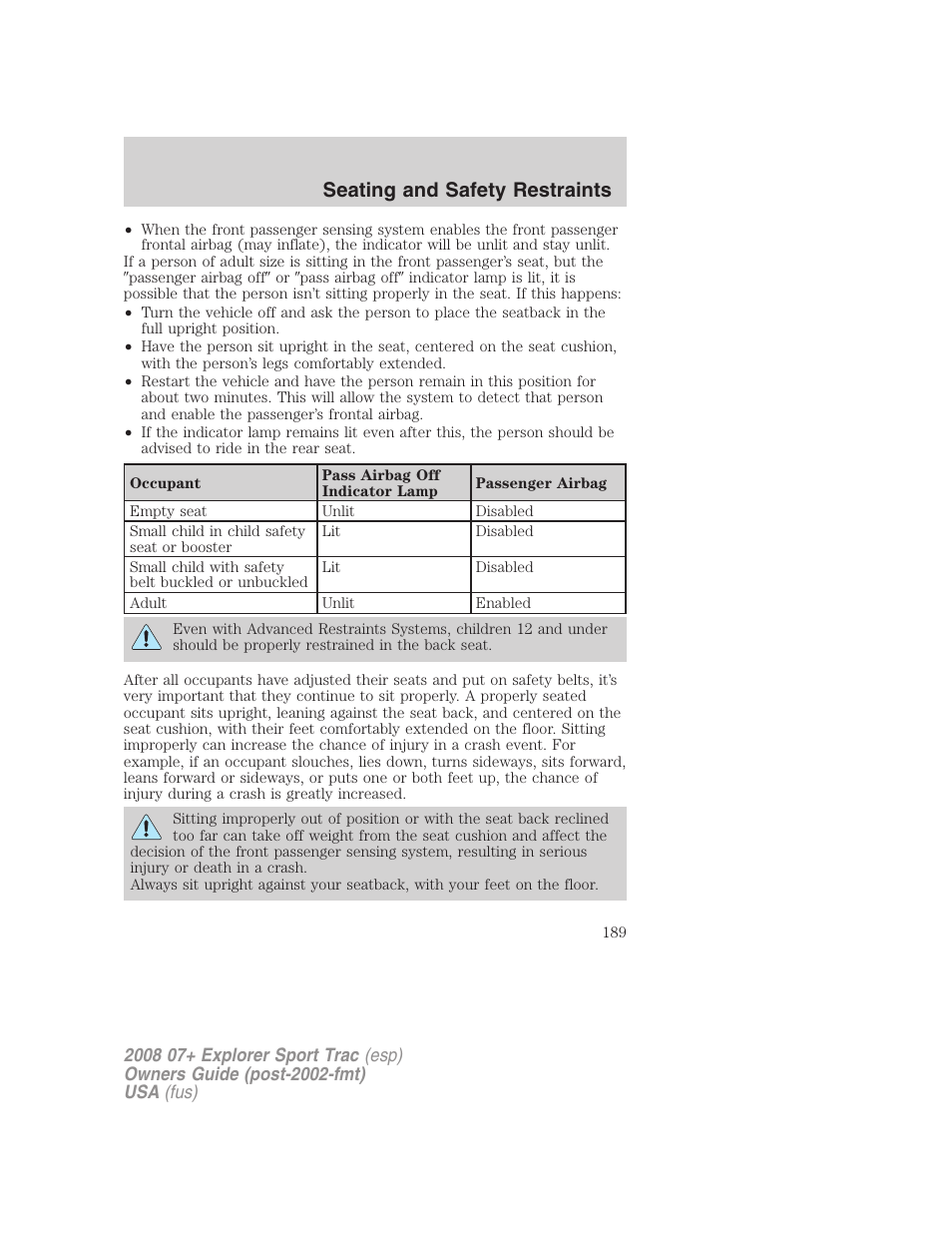 Seating and safety restraints | FORD 2008 Explorer Sport Trac v.1 User Manual | Page 189 / 368