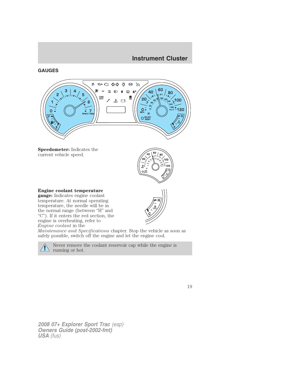 Gauges, Instrument cluster | FORD 2008 Explorer Sport Trac v.1 User Manual | Page 19 / 368