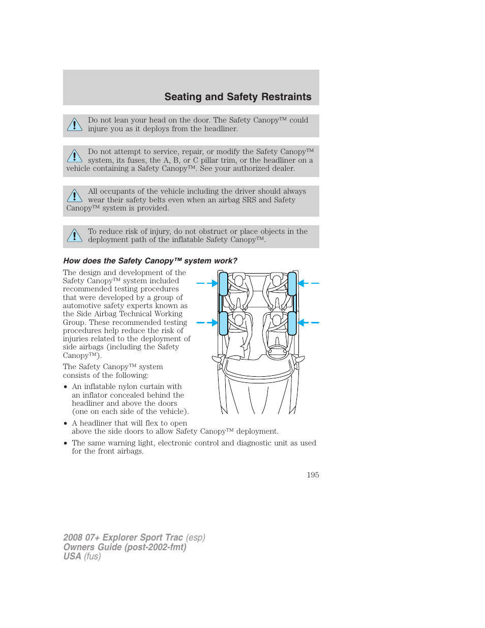 How does the safety canopy™ system work, Seating and safety restraints | FORD 2008 Explorer Sport Trac v.1 User Manual | Page 195 / 368