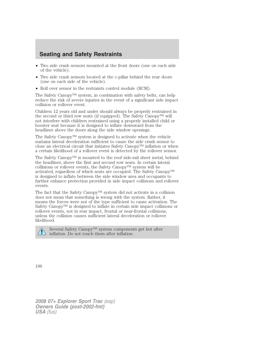 Seating and safety restraints | FORD 2008 Explorer Sport Trac v.1 User Manual | Page 196 / 368