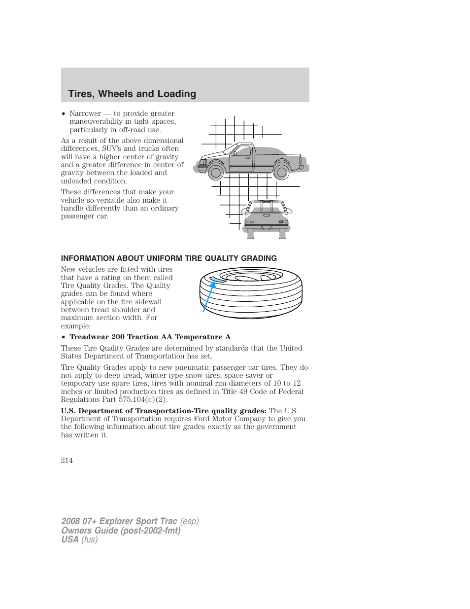 Information about uniform tire quality grading, Tire information, Tires, wheels and loading | FORD 2008 Explorer Sport Trac v.1 User Manual | Page 214 / 368