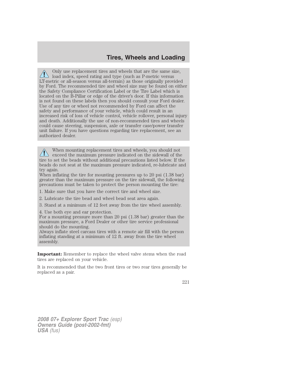 Tires, wheels and loading | FORD 2008 Explorer Sport Trac v.1 User Manual | Page 221 / 368