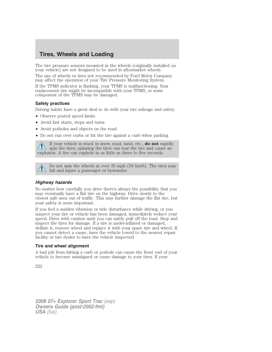 Safety practices, Highway hazards, Tire and wheel alignment | Tires, wheels and loading | FORD 2008 Explorer Sport Trac v.1 User Manual | Page 222 / 368