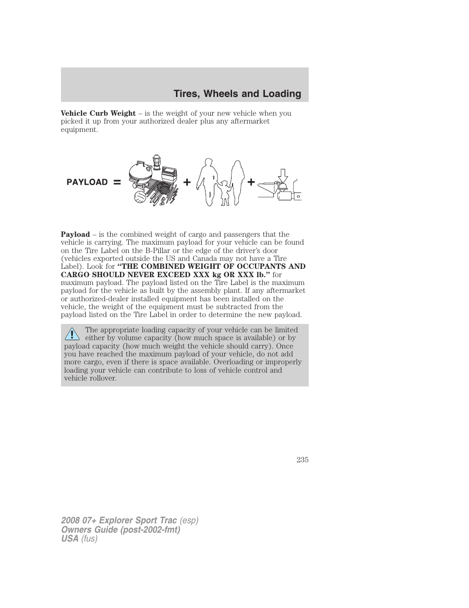 Tires, wheels and loading | FORD 2008 Explorer Sport Trac v.1 User Manual | Page 235 / 368