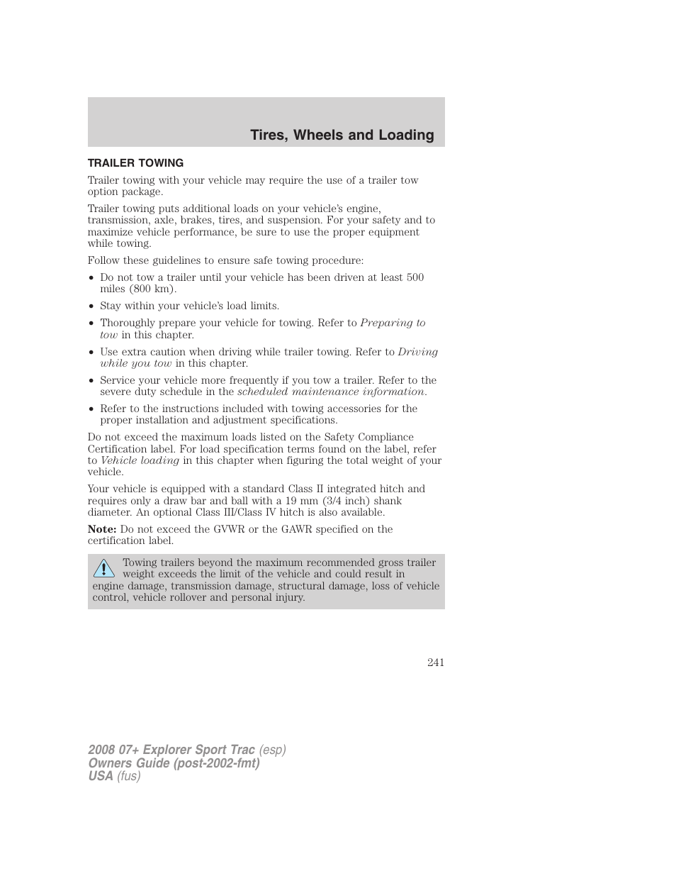 Trailer towing, Tires, wheels and loading | FORD 2008 Explorer Sport Trac v.1 User Manual | Page 241 / 368