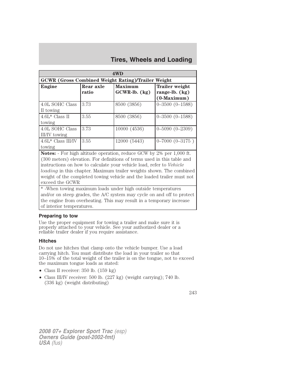 Preparing to tow, Hitches, Tires, wheels and loading | FORD 2008 Explorer Sport Trac v.1 User Manual | Page 243 / 368