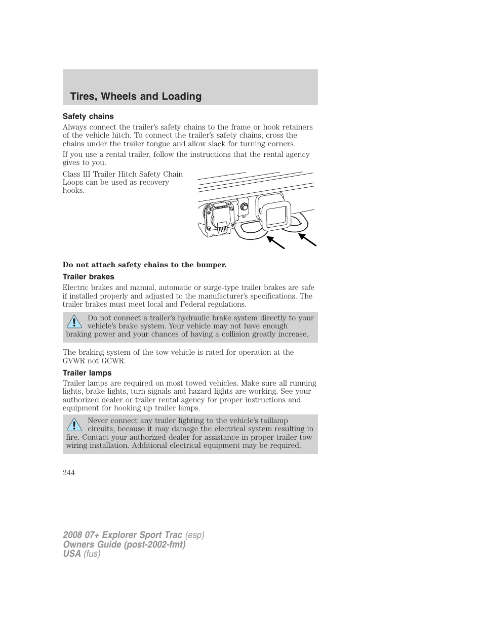 Safety chains, Trailer brakes, Trailer lamps | Tires, wheels and loading | FORD 2008 Explorer Sport Trac v.1 User Manual | Page 244 / 368