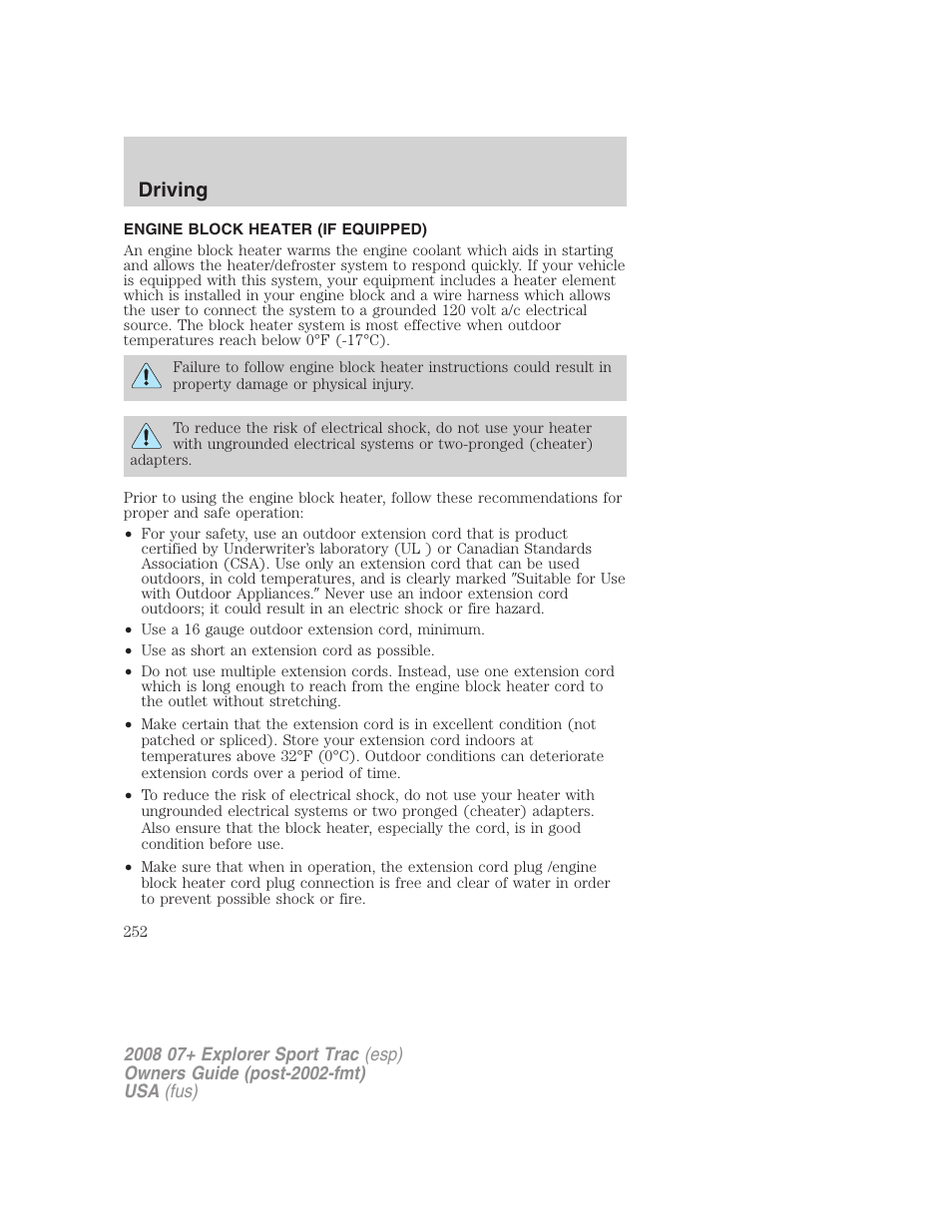 Engine block heater (if equipped), Driving | FORD 2008 Explorer Sport Trac v.1 User Manual | Page 252 / 368