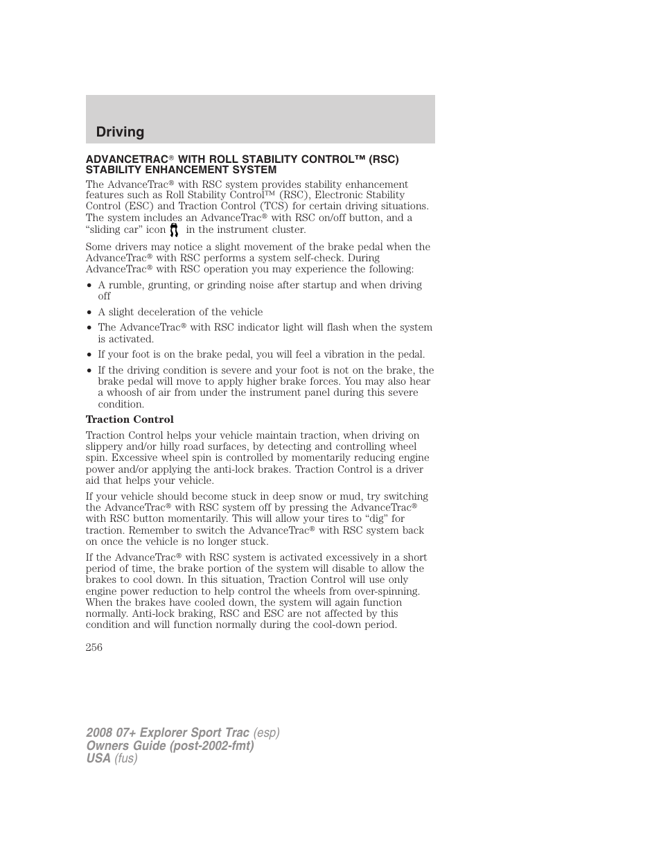 Traction control™/advancetrac, Driving | FORD 2008 Explorer Sport Trac v.1 User Manual | Page 256 / 368