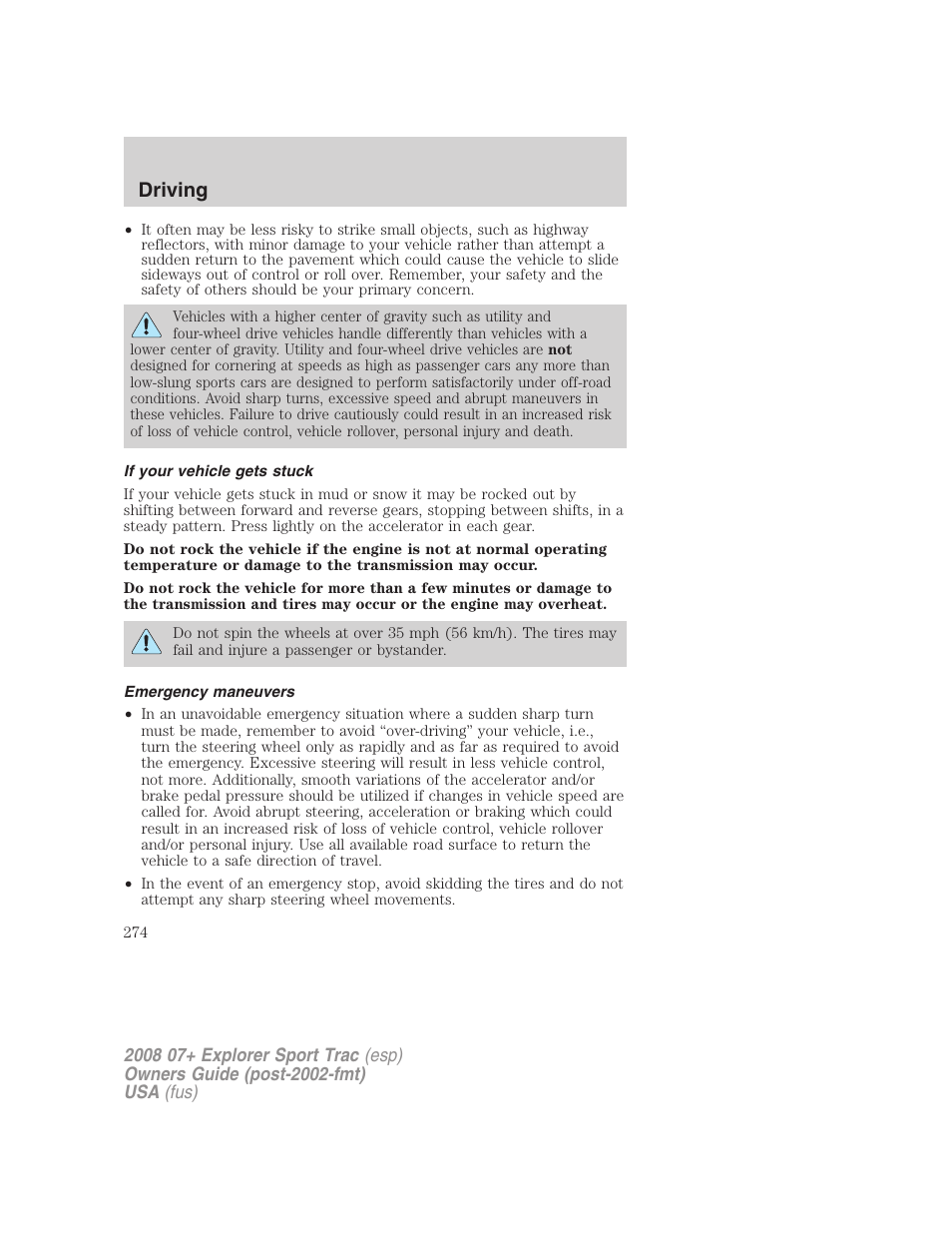 If your vehicle gets stuck, Emergency maneuvers, Driving | FORD 2008 Explorer Sport Trac v.1 User Manual | Page 274 / 368