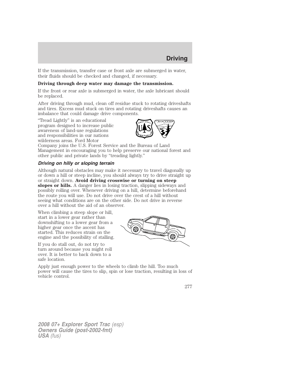 Driving on hilly or sloping terrain, Driving | FORD 2008 Explorer Sport Trac v.1 User Manual | Page 277 / 368