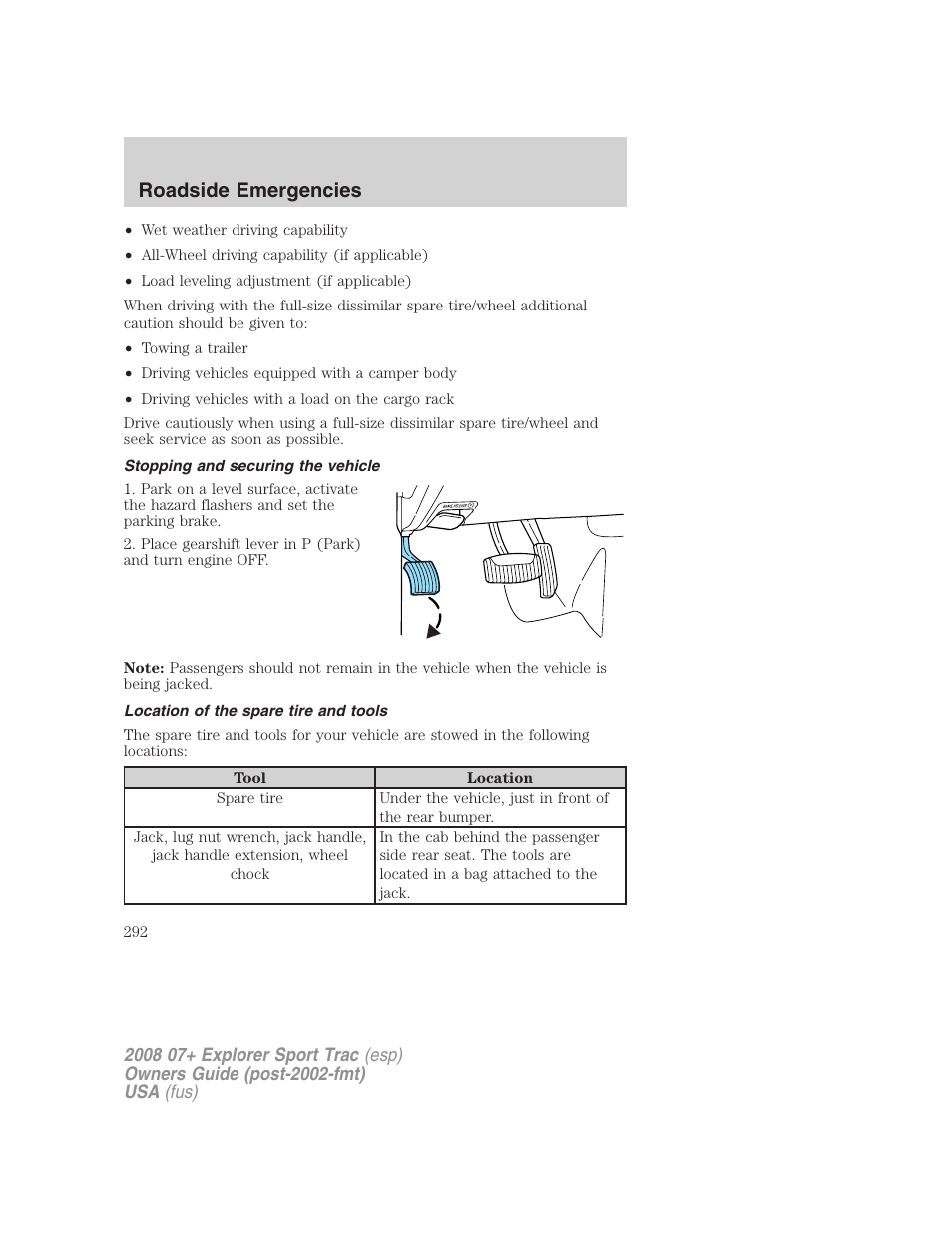 Stopping and securing the vehicle, Location of the spare tire and tools, Roadside emergencies | FORD 2008 Explorer Sport Trac v.1 User Manual | Page 292 / 368