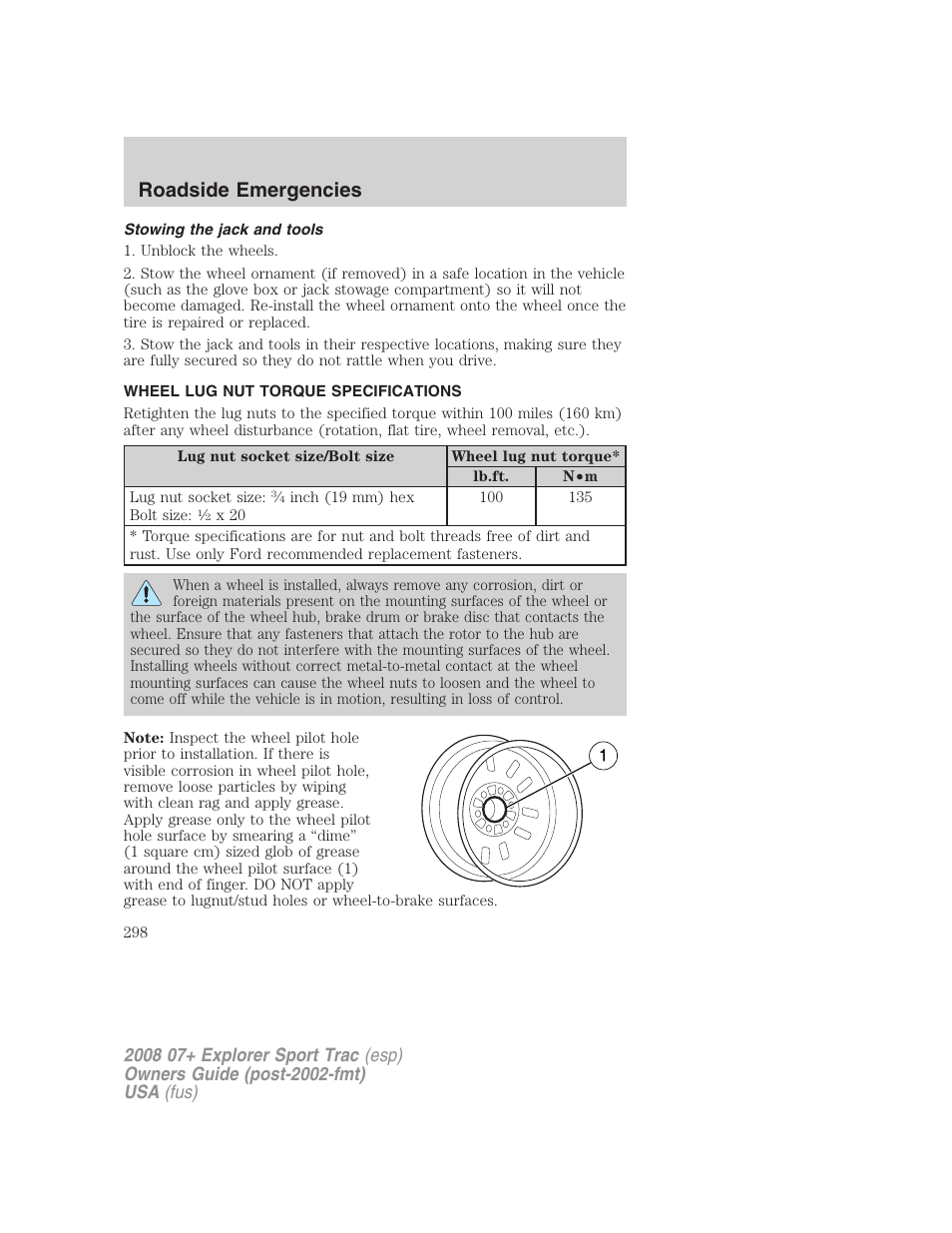 Stowing the jack and tools, Wheel lug nut torque specifications, Lug nut torque | Roadside emergencies | FORD 2008 Explorer Sport Trac v.1 User Manual | Page 298 / 368