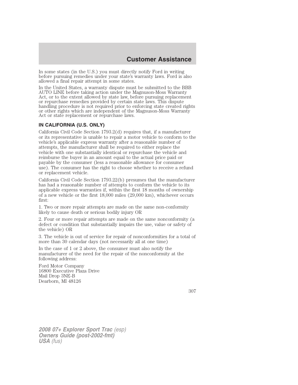 In california (u.s. only), Customer assistance | FORD 2008 Explorer Sport Trac v.1 User Manual | Page 307 / 368