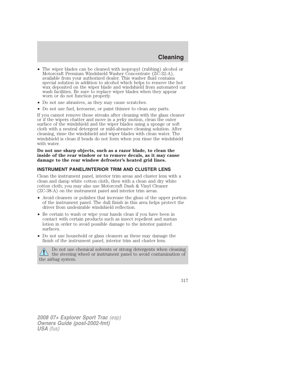 Instrument panel/interior trim and cluster lens, Cleaning | FORD 2008 Explorer Sport Trac v.1 User Manual | Page 317 / 368