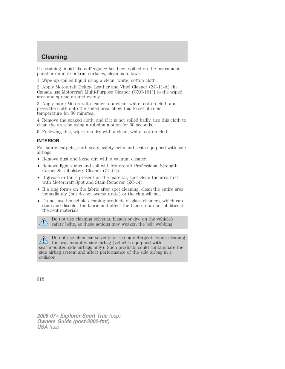 Interior, Cleaning | FORD 2008 Explorer Sport Trac v.1 User Manual | Page 318 / 368