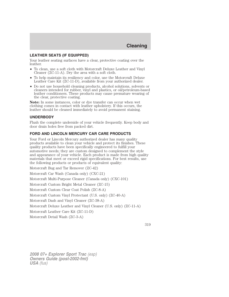 Leather seats (if equipped), Underbody, Ford and lincoln mercury car care products | Cleaning | FORD 2008 Explorer Sport Trac v.1 User Manual | Page 319 / 368