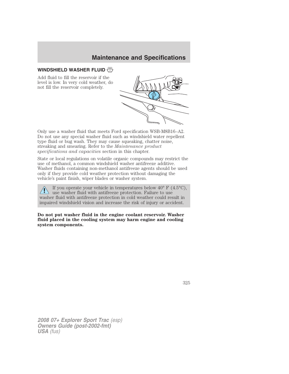 Windshield washer fluid, Maintenance and specifications | FORD 2008 Explorer Sport Trac v.1 User Manual | Page 325 / 368